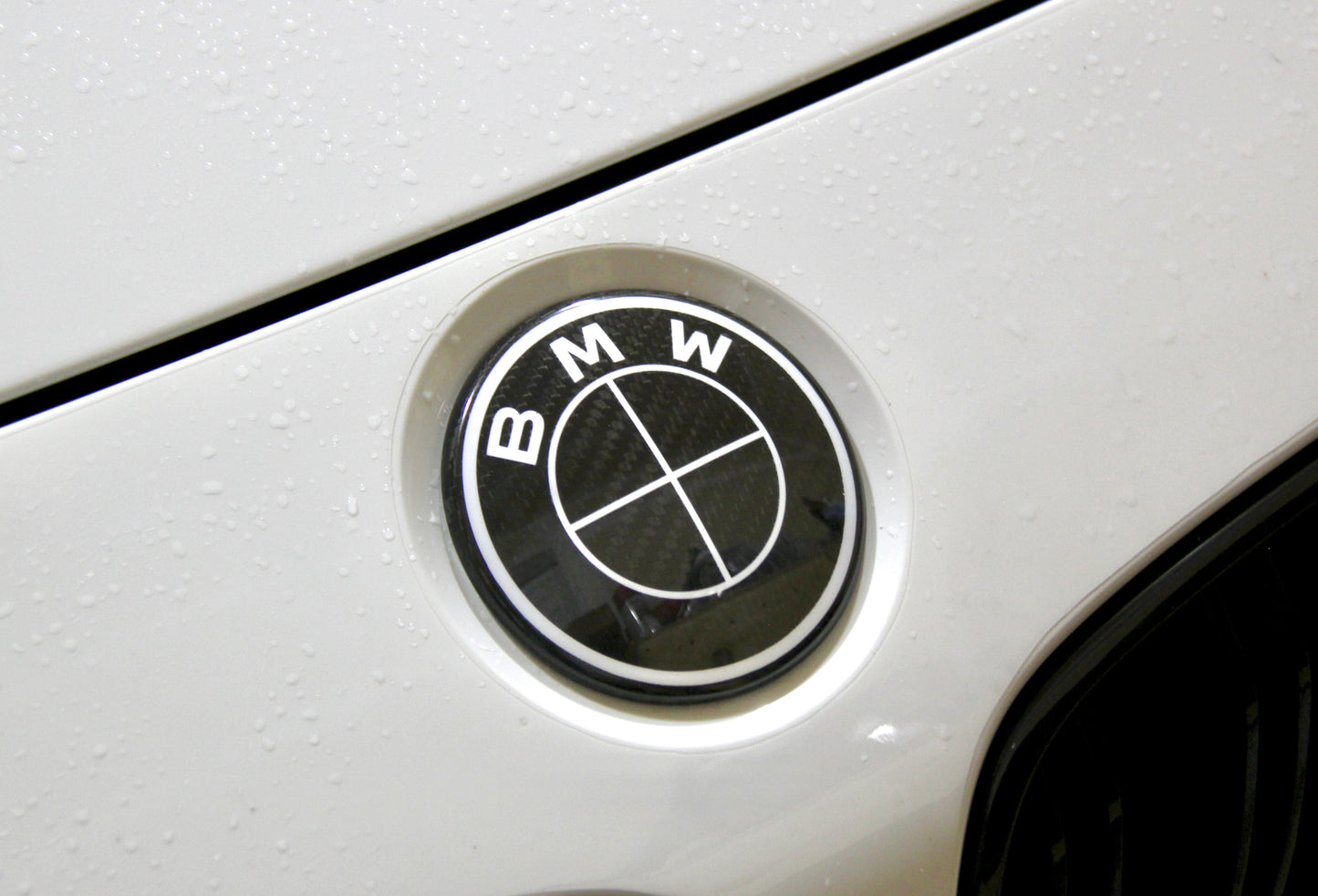 BMW Carbon Fiber Hood & Trunk Emblem Set with White Lettering